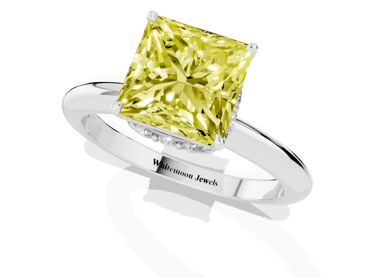 Fancy Yellow Princess Cut Brilliant Solitaire Engagement Ring with Six-Prong Setting and Classic Band Silver