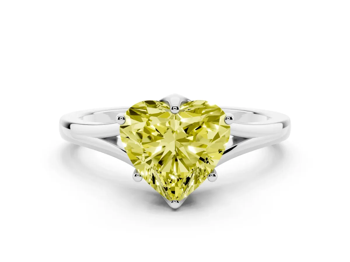 Fancy Yellow Heart Cut Solitaire Diamond Ring with Six-Prong Setting and Tapered Band Silver