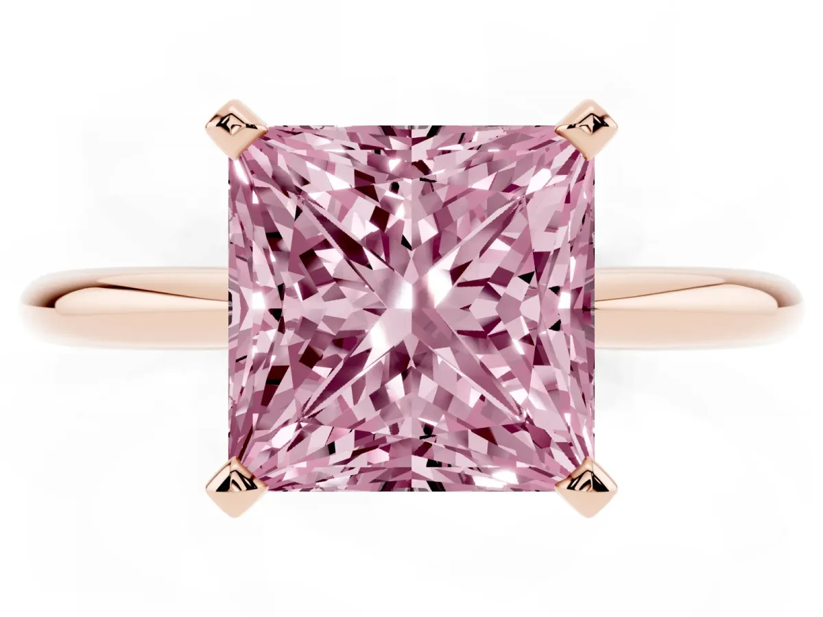 Fancy Pink Princess Cut Diamond Solitaire Ring with Prong Setting and Classic Band Rose gold