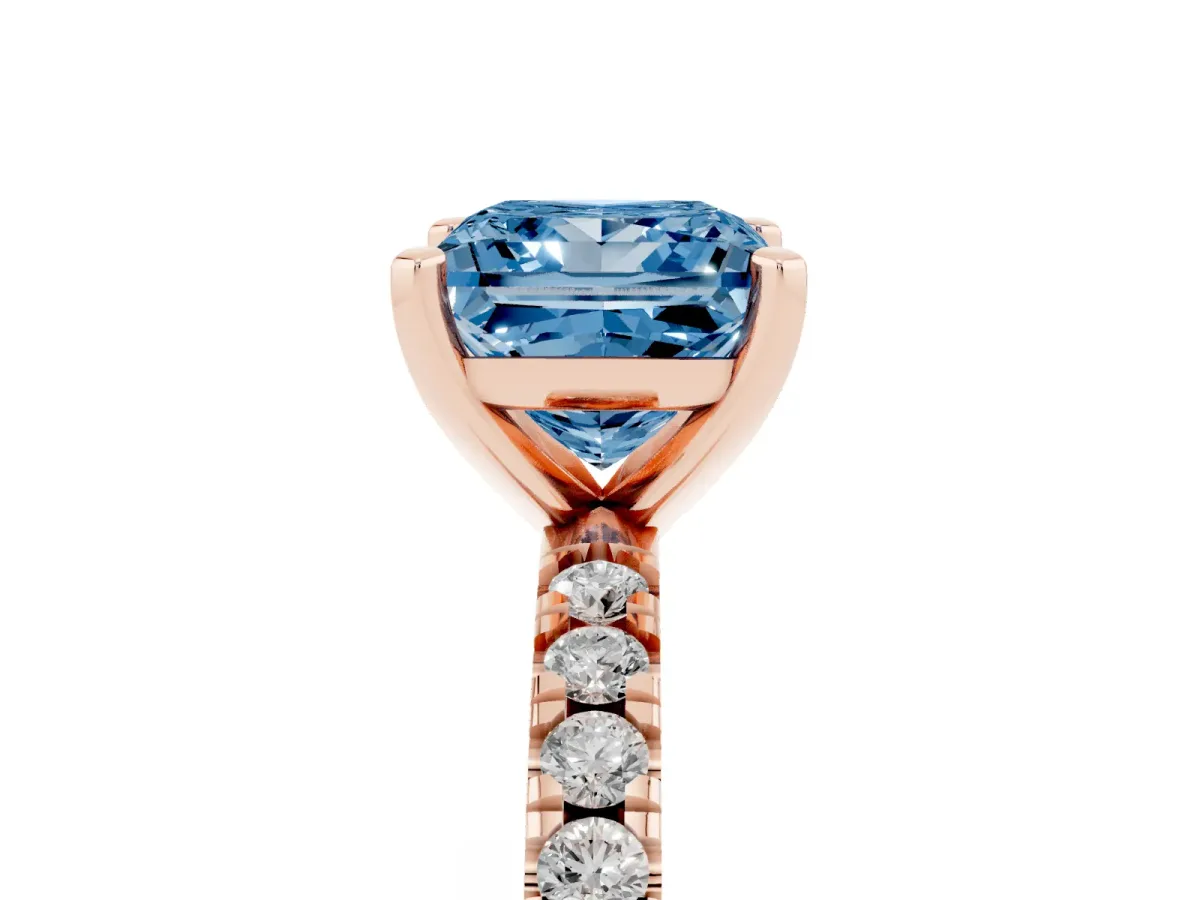 Fancy Blue Princess Cut Diamond Pavé Band Solitaire with Four-Prong Setting Rose gold