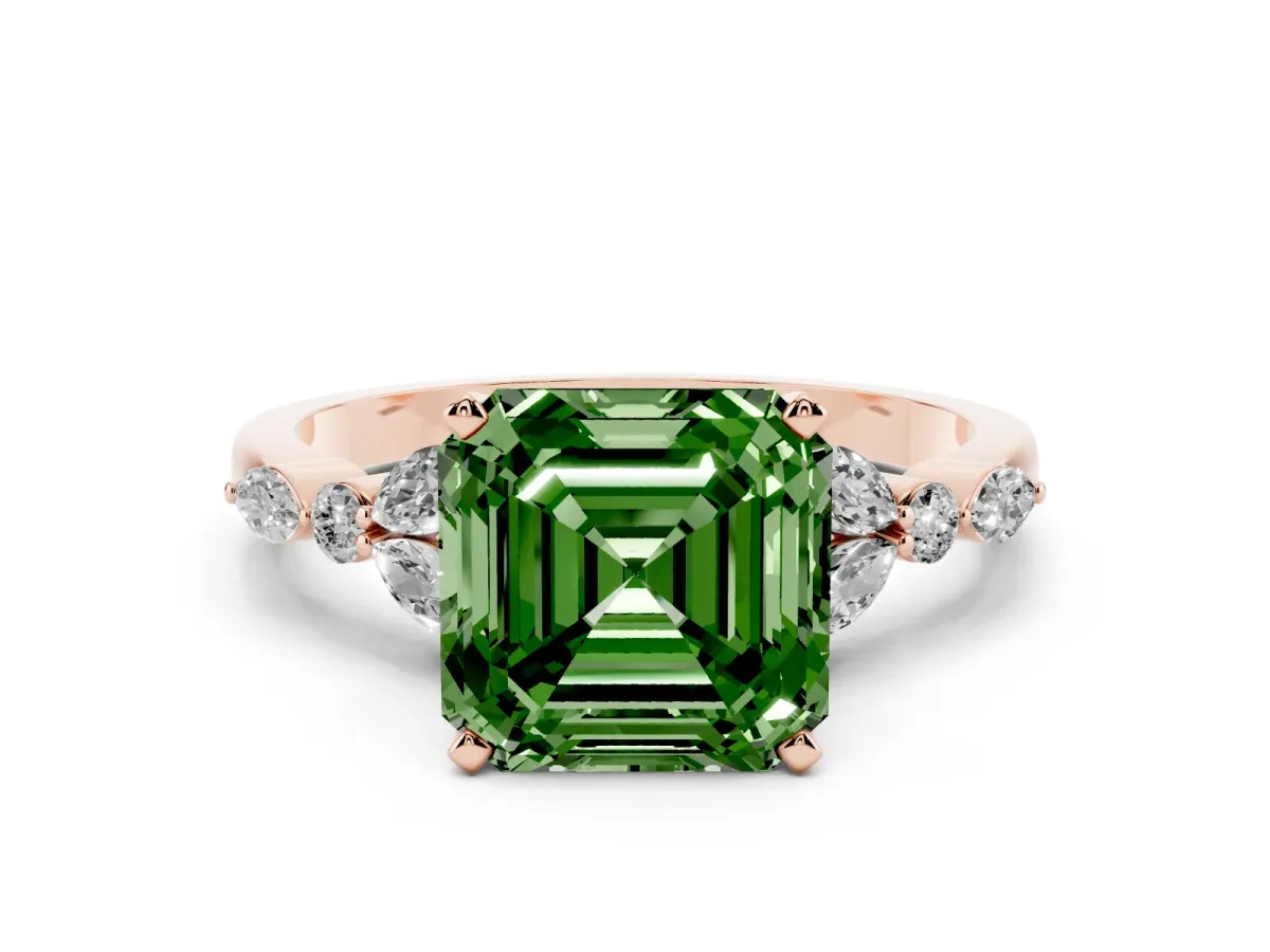 Fancy Green Asscher Cut Diamond Solitaire Ring with Side Stones and Four-Prong Setting Rose gold