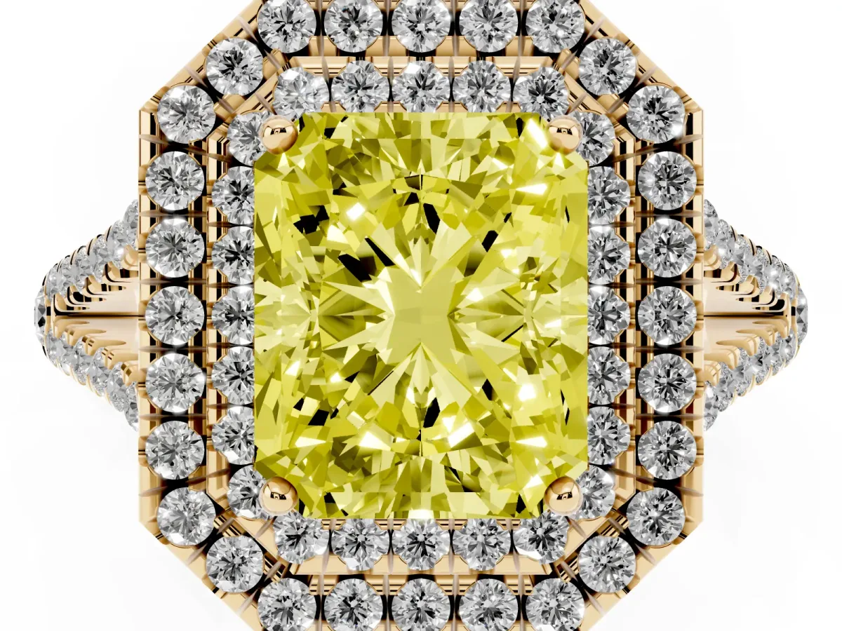 Fancy Yellow Radiant Cut Diamond Double Halo Ring with Pavé Band and Prong Setting Yellow gold
