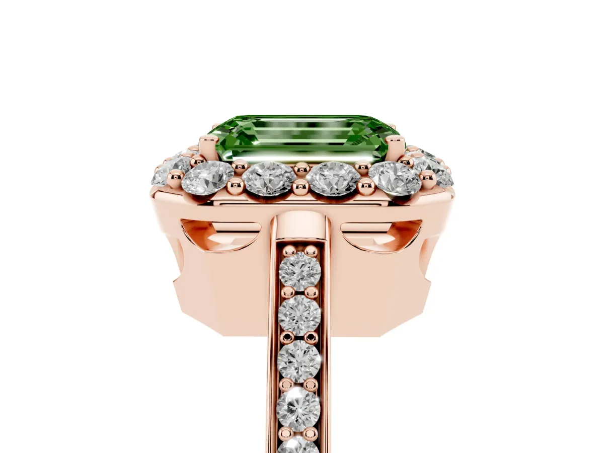 Fancy Green Emerald Cut Diamond Floral Halo Ring with Pavé Band and Prong Setting Rose gold