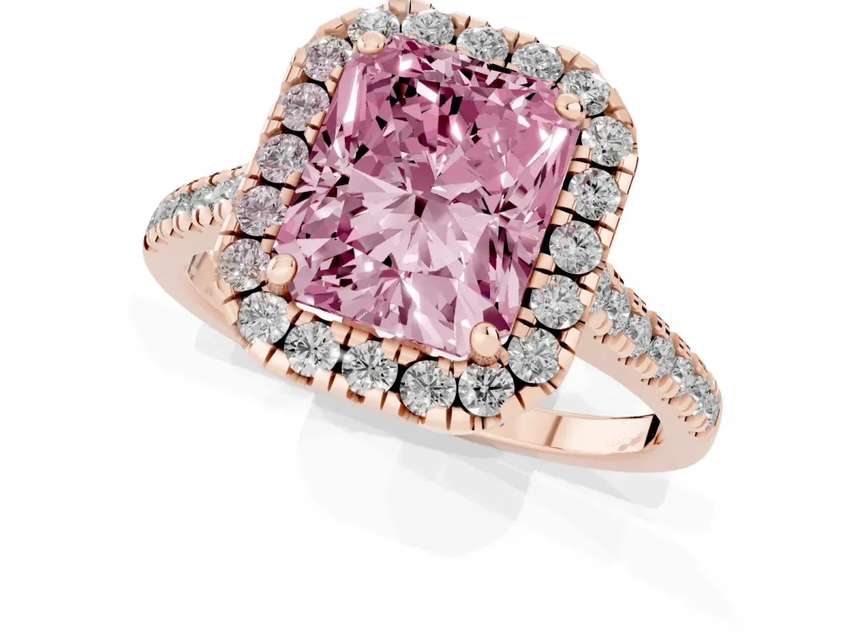 Fancy Pink Radiant Cut Diamond Cushion Halo Ring with Pavé Band Rose gold