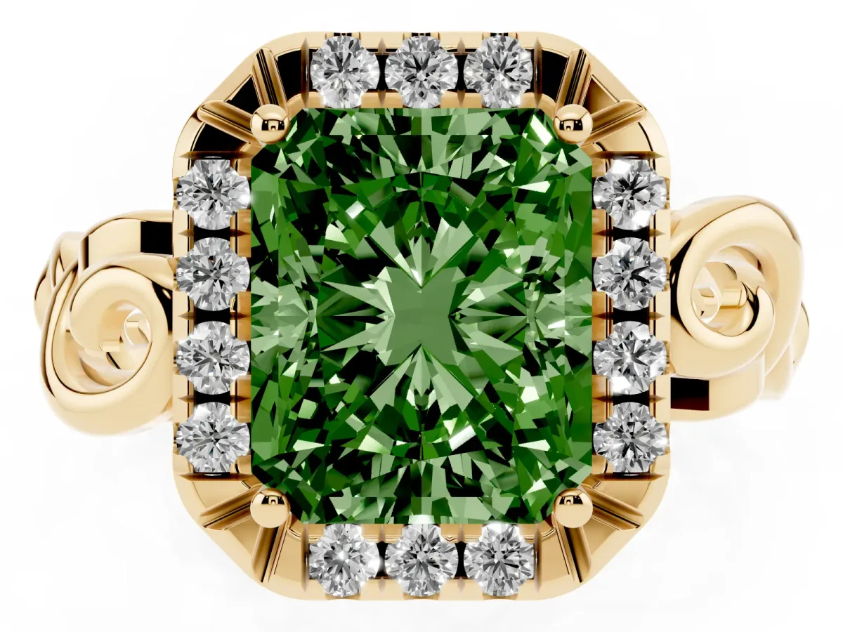 Fancy Green Radiant Cut Cut Halo Diamond Ring with Scrollwork Band and Four-Prong Setting Yellow gold