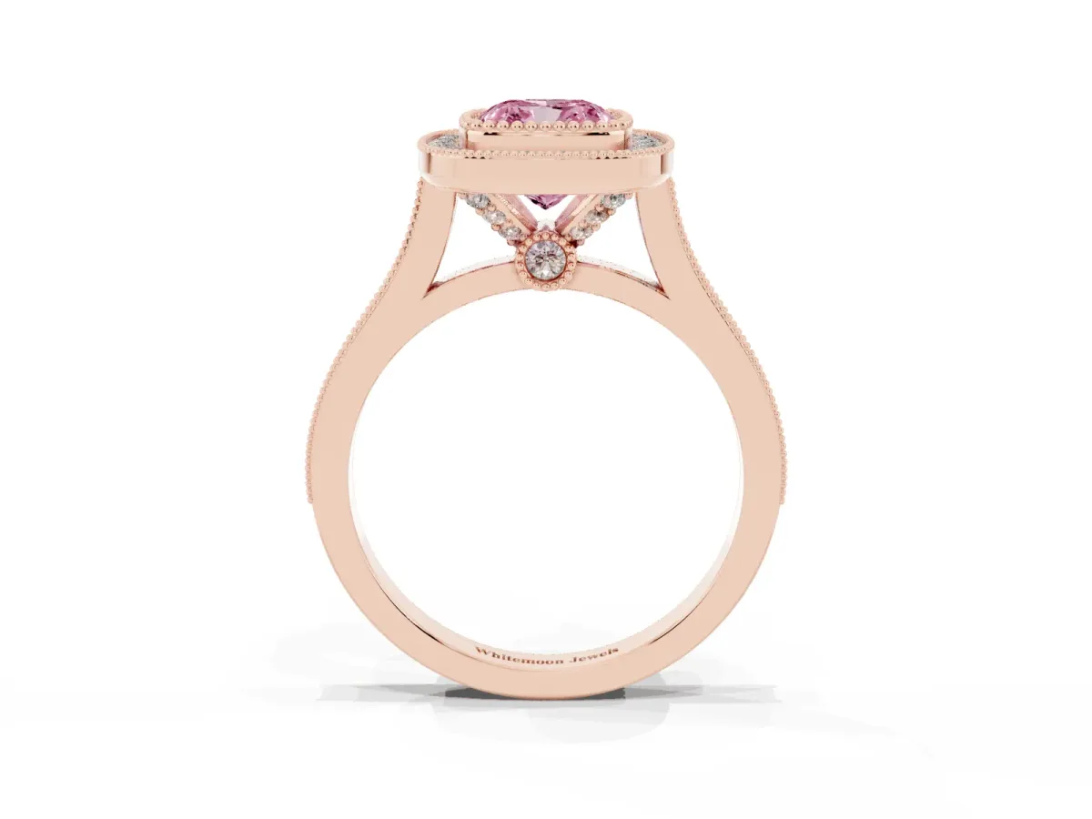 Fancy Pink Cushion Cut Diamond Halo Ring with Milgrain Frame and Pavé Band Rose gold