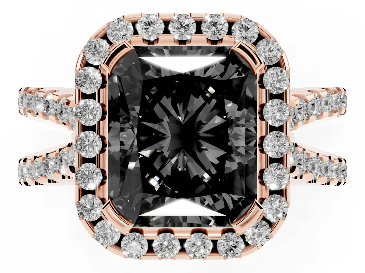 Fancy Black Radiant Cut Diamond Halo Ring with Split Shank Pavé Band and Prong Setting Rose gold