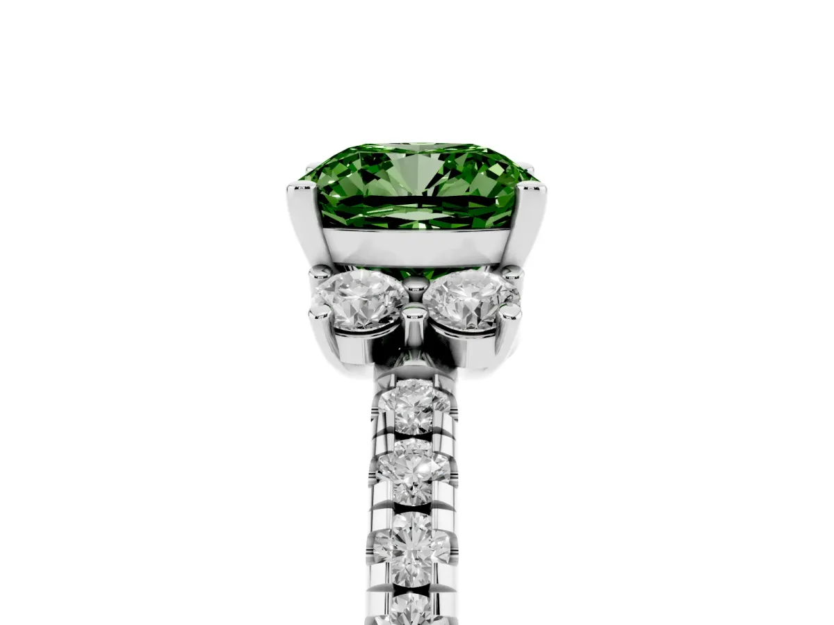 Fancy Green Cushion Cut Diamond Three-Stone Pave Band with Four-Prong Setting Silver