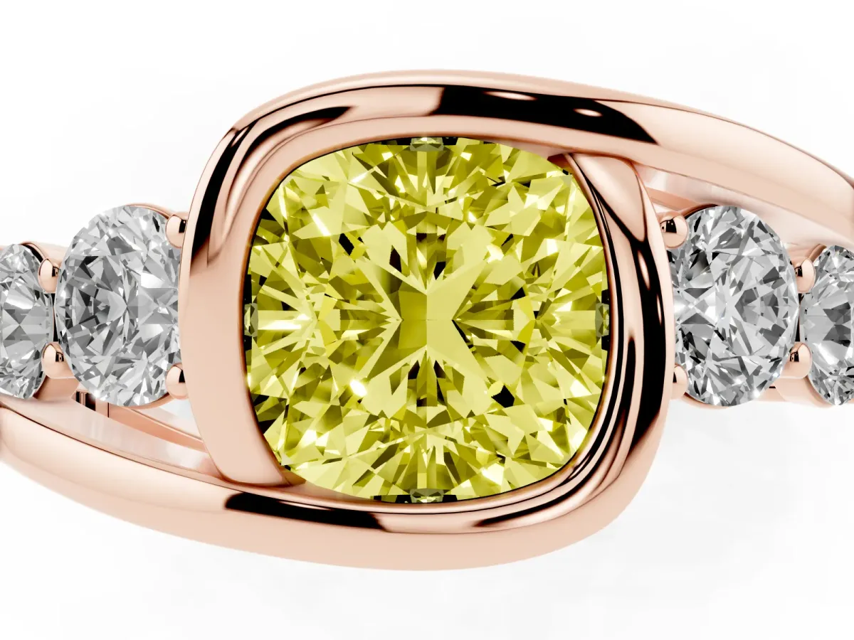Fancy Yellow Bezel Set Cushion Cut Diamond Bypass Ring with Round Accents Rose gold