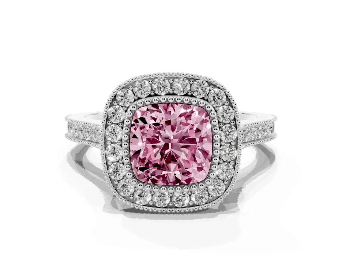 Fancy Pink Cushion Cut Diamond Halo Ring with Milgrain Frame and Pavé Band Platinum
