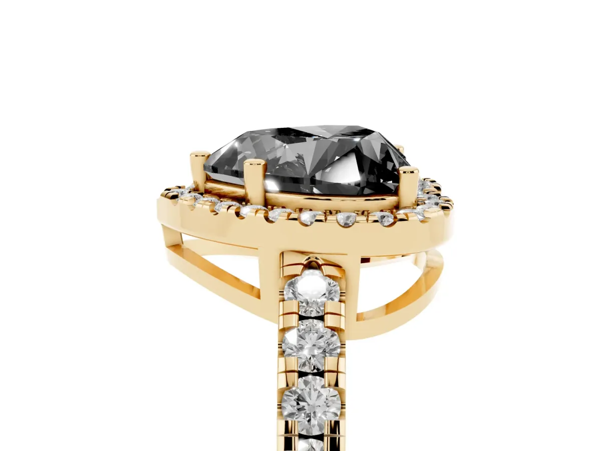 Fancy Black Heart Cut Diamond Halo Ring with Pavé Band and Four-Prong Setting Yellow gold
