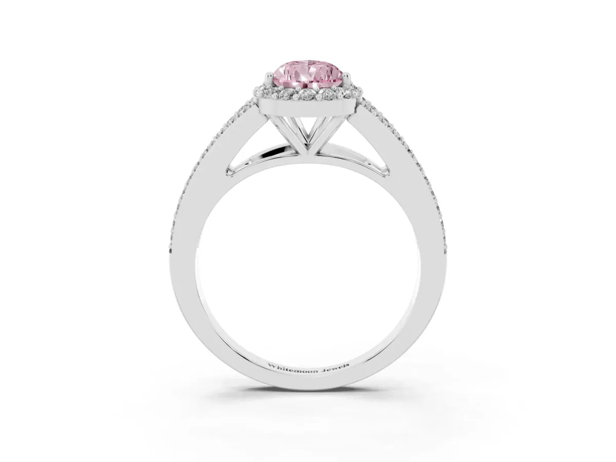 Fancy Pink Pear Cut Halo Split Shank Diamond Ring with Prong Setting Silver
