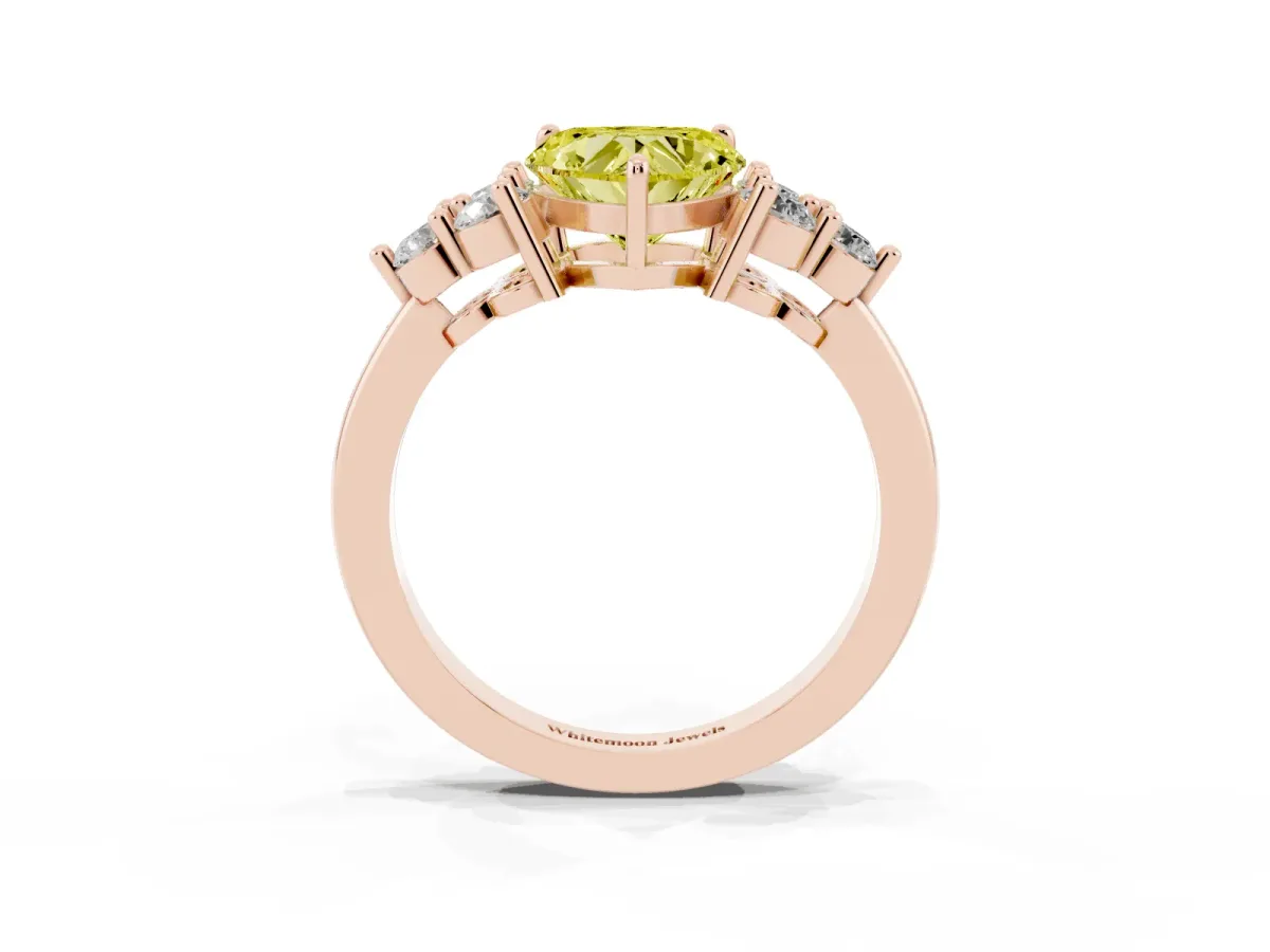 Fancy Yellow Heart Cut Brilliant Diamond Cluster Accent Solitaire Ring with Prong Setting Rose gold