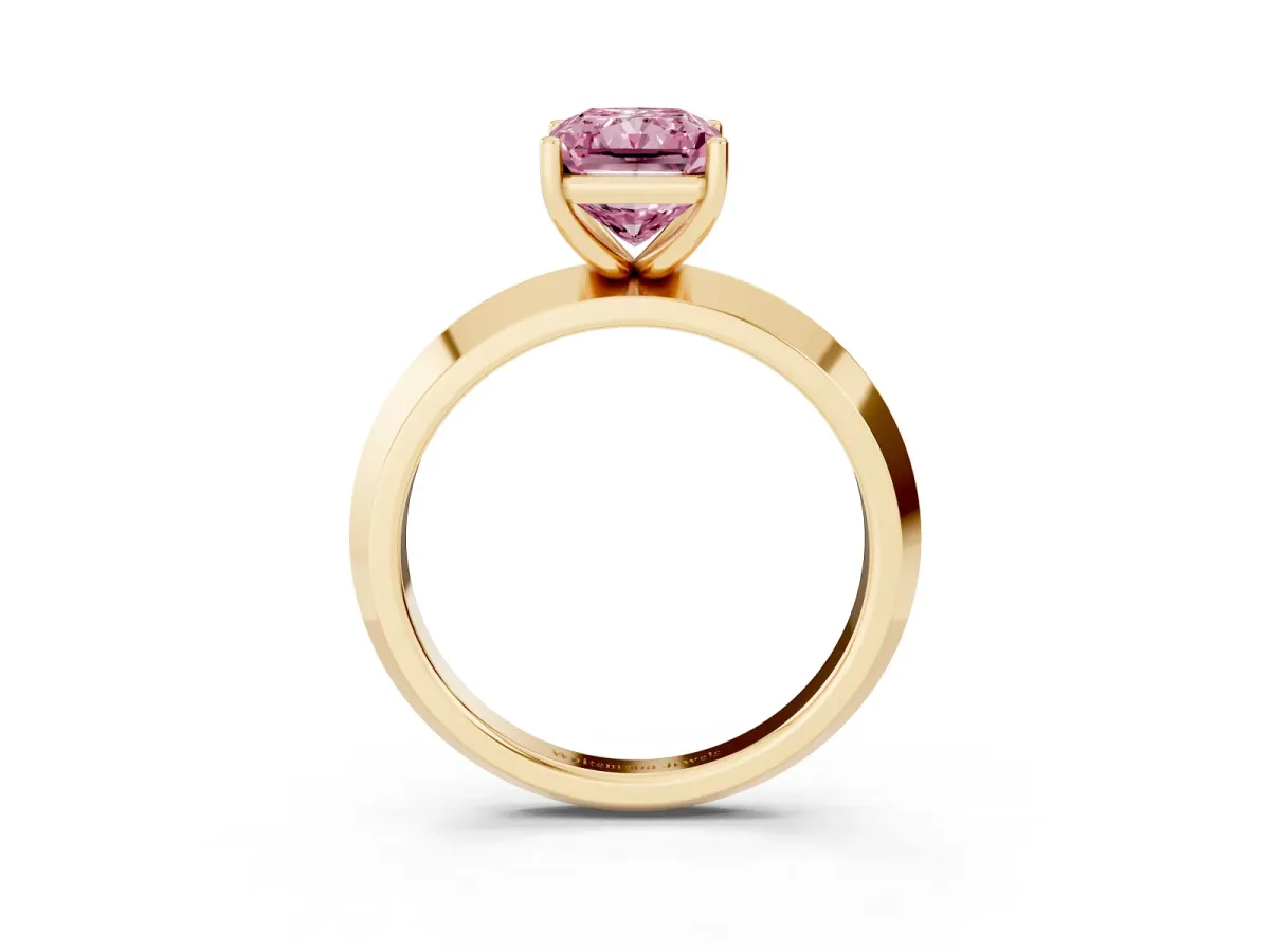 Fancy Pink Radiant Cut Cut Solitaire Engagement Ring with Flat Band and Four-Prong Setting Yellow gold