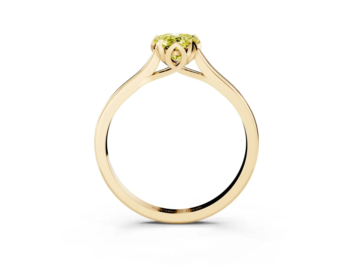 Fancy Yellow Pear Cut Diamond Solitaire Ring with Flower Prong Setting and Classic Band Yellow gold