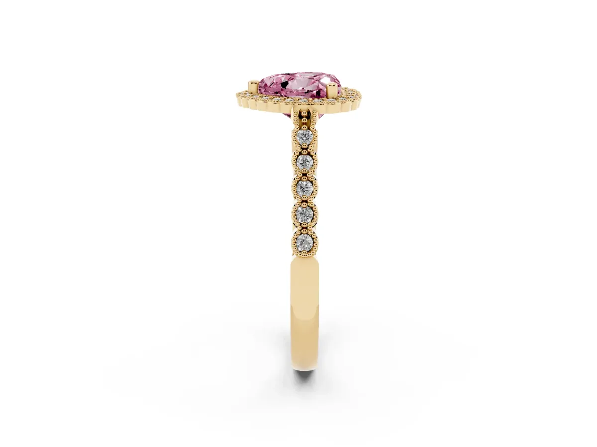 Fancy Pink Heart Cut Cut Halo Pavé Solitaire Ring with Milgrain Band Yellow gold