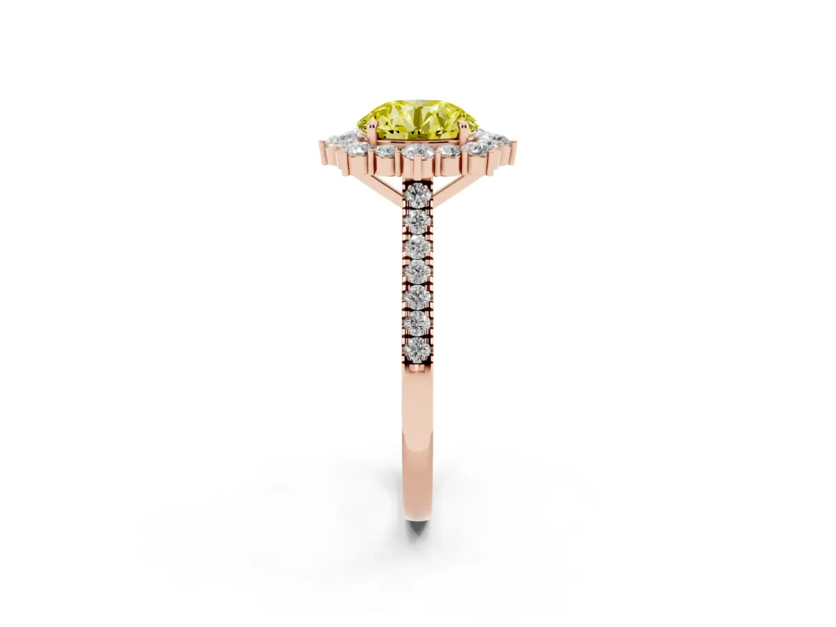 Fancy Yellow Round Cut Halo Diamond Ring with Pavé Band and Prong Setting Rose gold