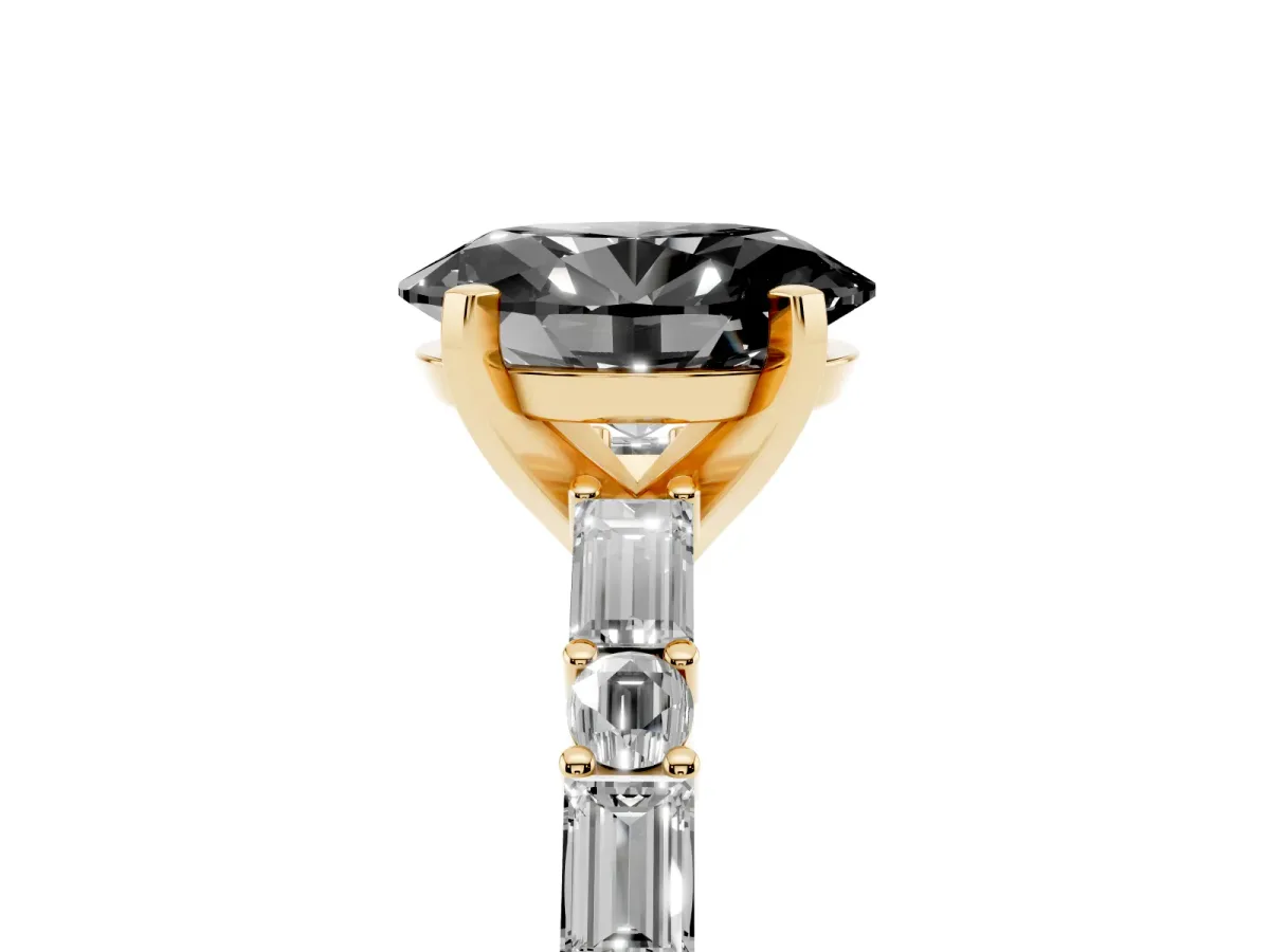 Fancy Black Oval Cut Diamond Solitaire with Side Baguettes and Channel Set Band Yellow gold