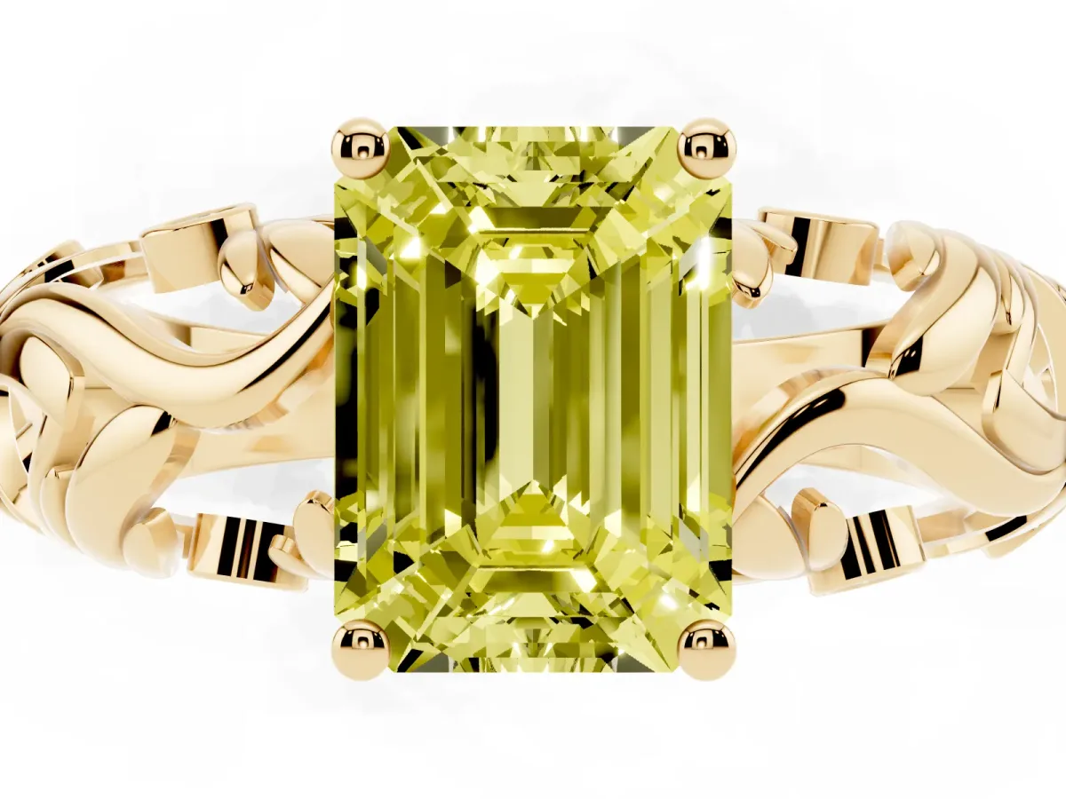 Fancy Yellow Emerald Cut Solitaire Diamond Leaf-Inspired Vine Band Ring with Prong Setting Yellow gold