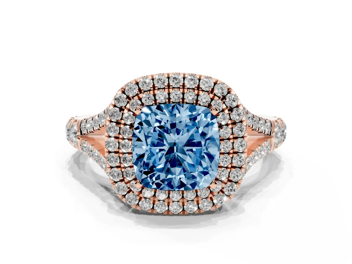 Fancy Blue Cushion Cut Diamond Pavé Split Shank Double Halo Engagement Ring Rose gold