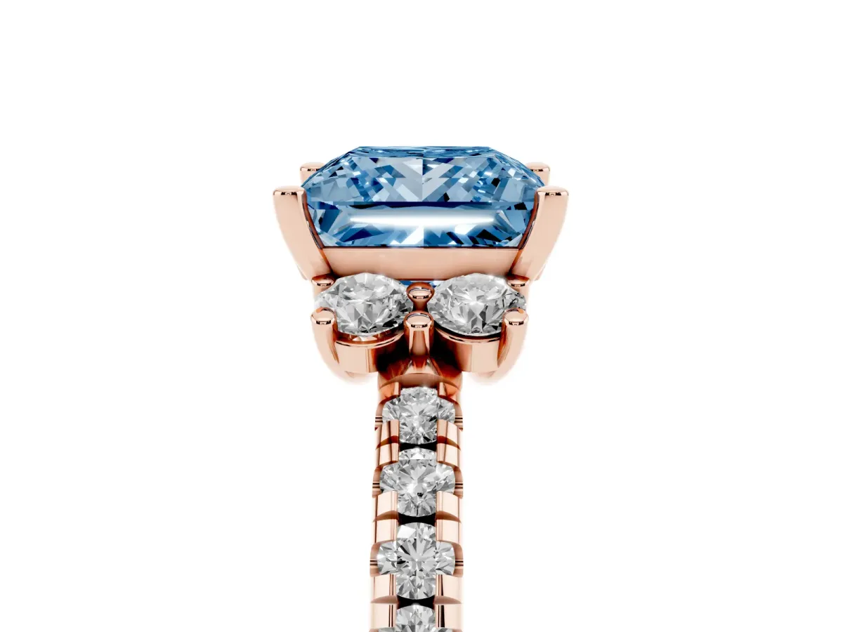 Fancy Blue Princess Cut Diamond Three-Stone Pave Band with Four-Prong Setting Rose gold