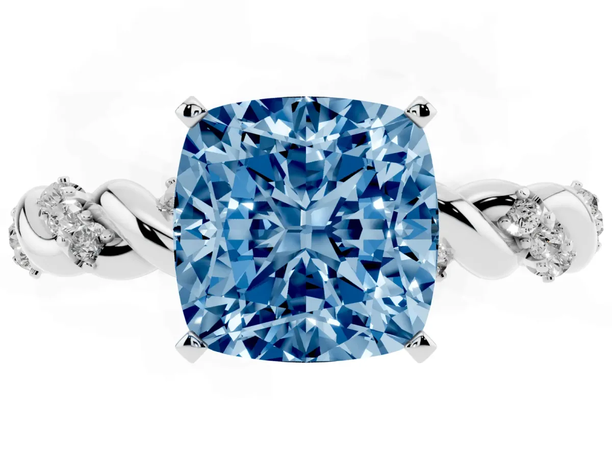 Fancy Blue Cushion Cut Diamond Solitaire Ring with Twisted Band and Pavé Accents Platinum