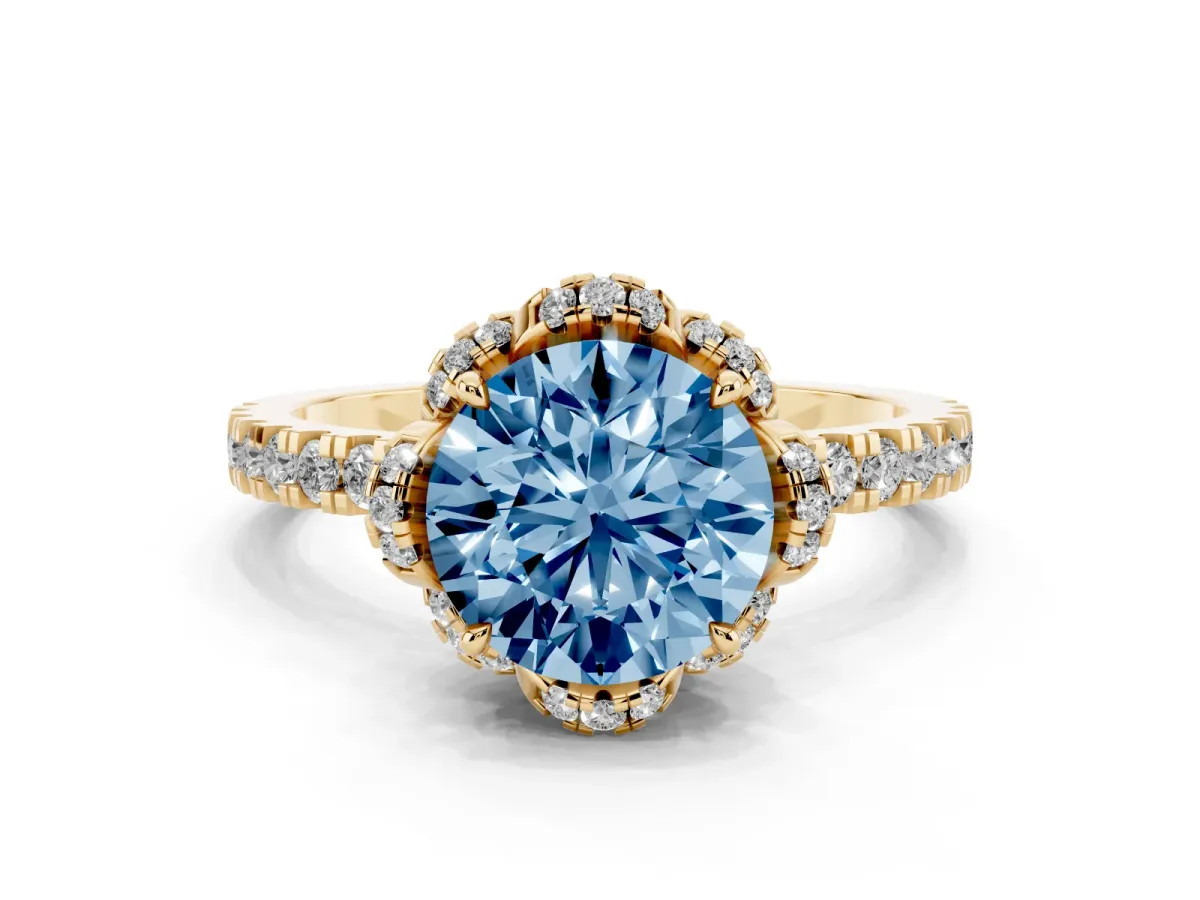 Fancy Blue Round Cut Diamond Halo Pave Band with Four-Prong Setting Yellow gold