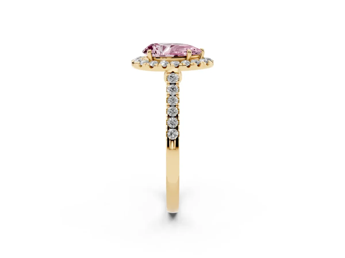 Fancy Pink Pear Cut Halo Pave Diamond Engagement Ring with Four-Prong Setting Yellow gold
