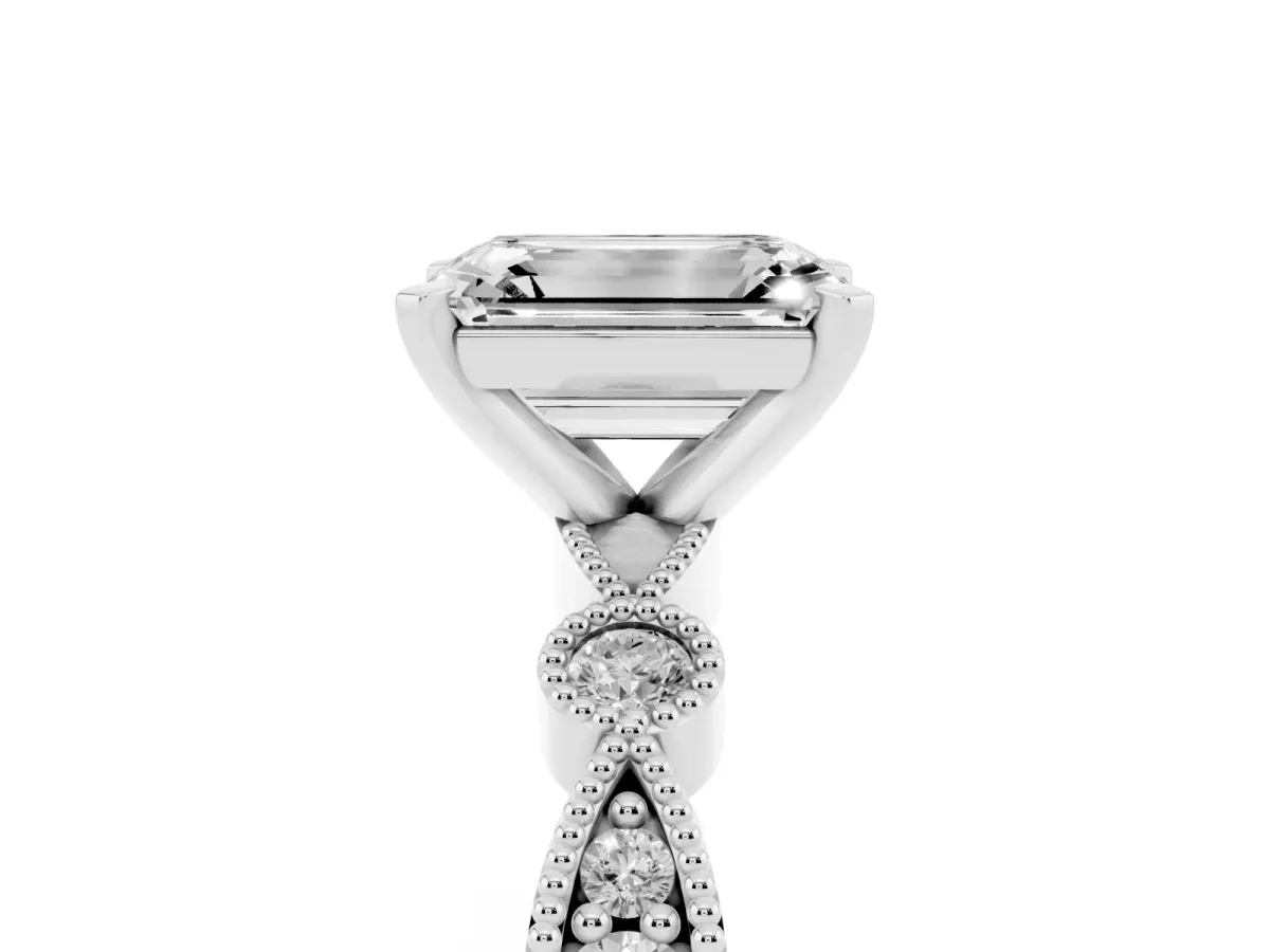 Emerald Cut Milgrain Bezel Diamond Engagement Ring with Solitaire Prong Setting Silver