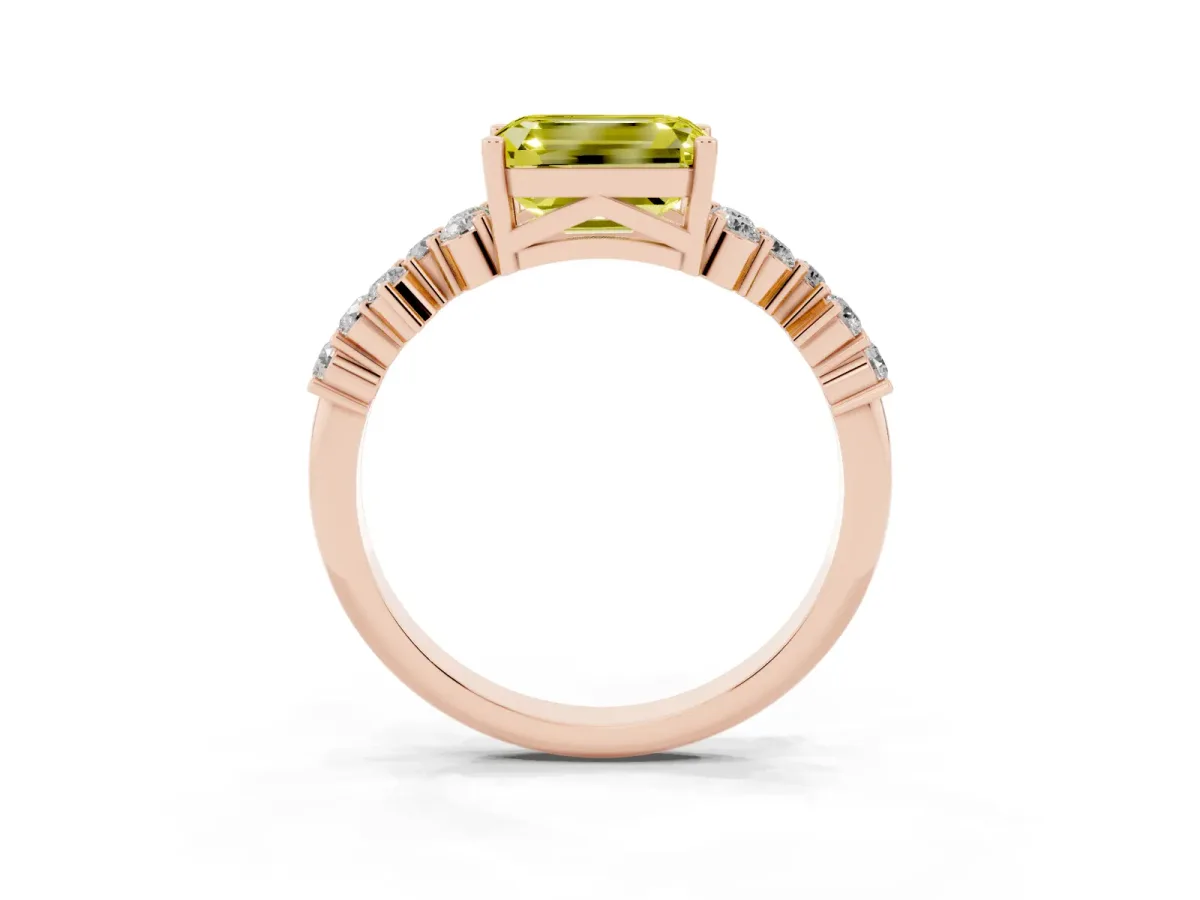 Fancy Yellow Emerald Cut Diamond Scattered Round Accent Ring with Prong Setting Rose gold
