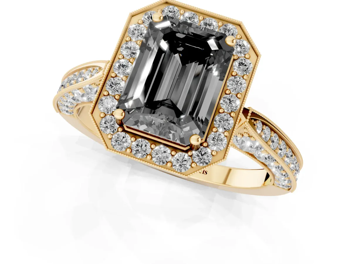 Fancy Black Emerald Cut Halo Diamond Engagement Ring with Split Shank Band and Four-Prong Setting Yellow gold