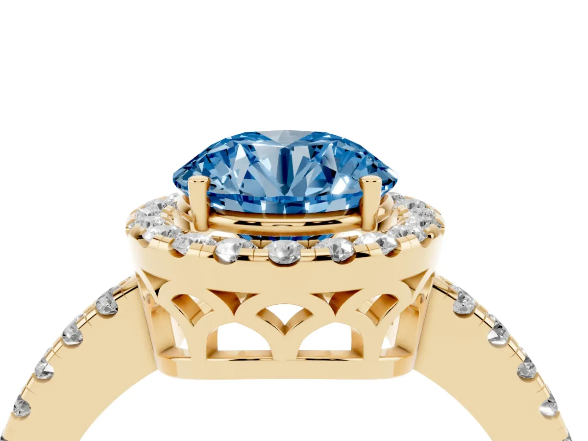 Fancy Blue Round Cut Halo Diamond Engagement Ring with Pavé Band and Four-Prong Setting Yellow gold