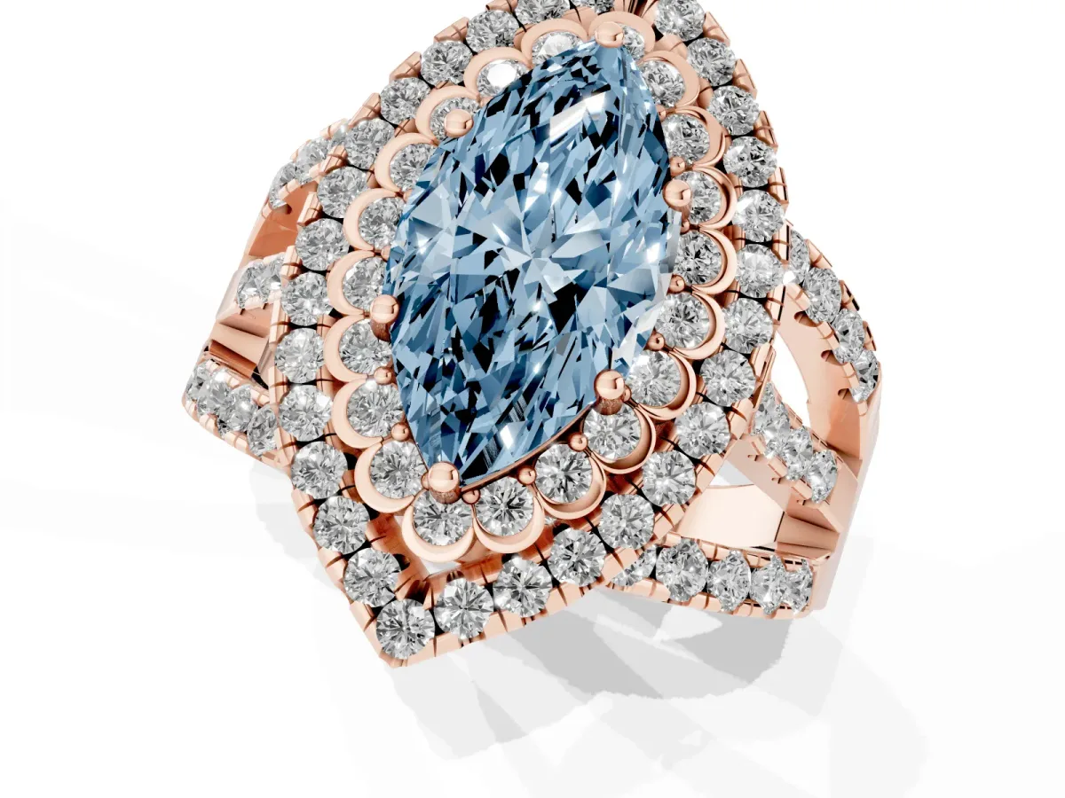 Fancy Blue Marquise Cut Diamond Double Halo Ring with Round Pavé Split Shank and Prong Setting Rose gold