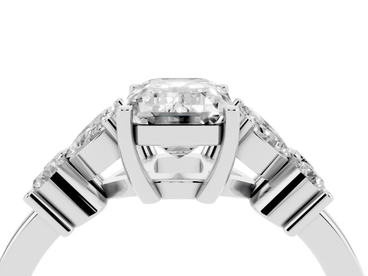 Emerald Cut Diamond Floral Cluster Ring with Solitaire Band and Prong Setting Silver