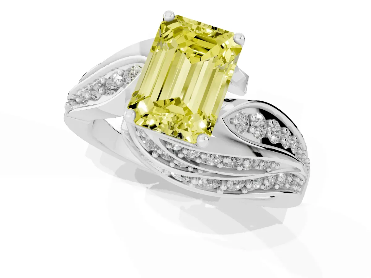 Fancy Yellow Emerald Cut Diamond Solitaire Ring with Prong Setting and Twisted Pavé Band Silver