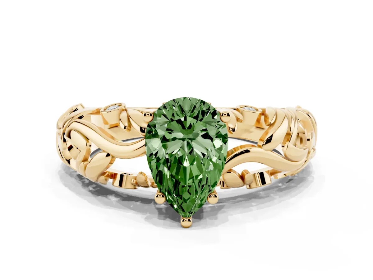 Fancy Green Pear Cut Solitaire Diamond Leaf-Inspired Vine Band Ring with Prong Setting Yellow gold