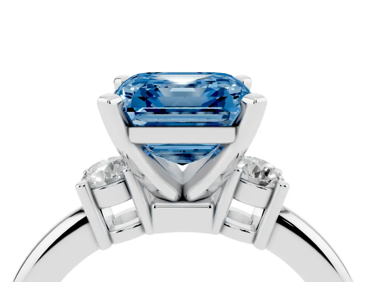 Fancy Blue Three-Stone Asscher Cut Cut Diamond Solitaire with Prong Setting and Classic Band Silver