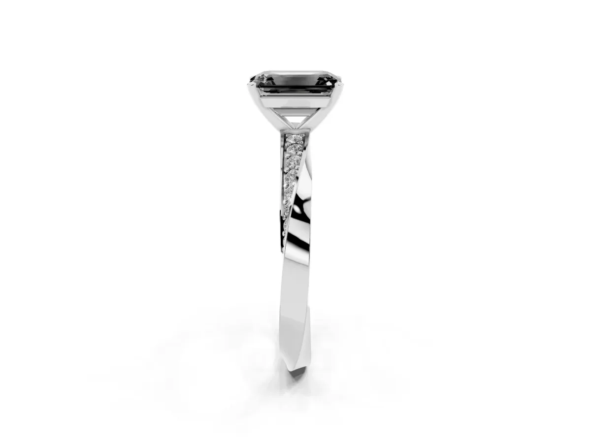 Fancy Black Emerald Cut Diamond Engagement Ring with Side Stone Accents and Four-Prong Setting Silver