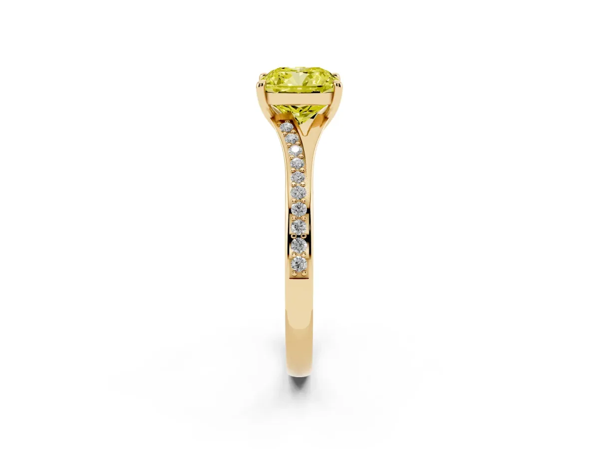 Fancy Yellow Cushion Cut Diamond Solitaire Ring with Pavé Band and Prong Setting Yellow gold