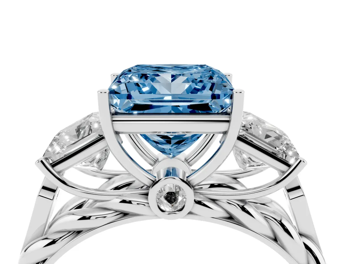 Fancy Blue Three-Stone Princess Cut Diamond Braided Band Ring with Four-Prong Setting Platinum