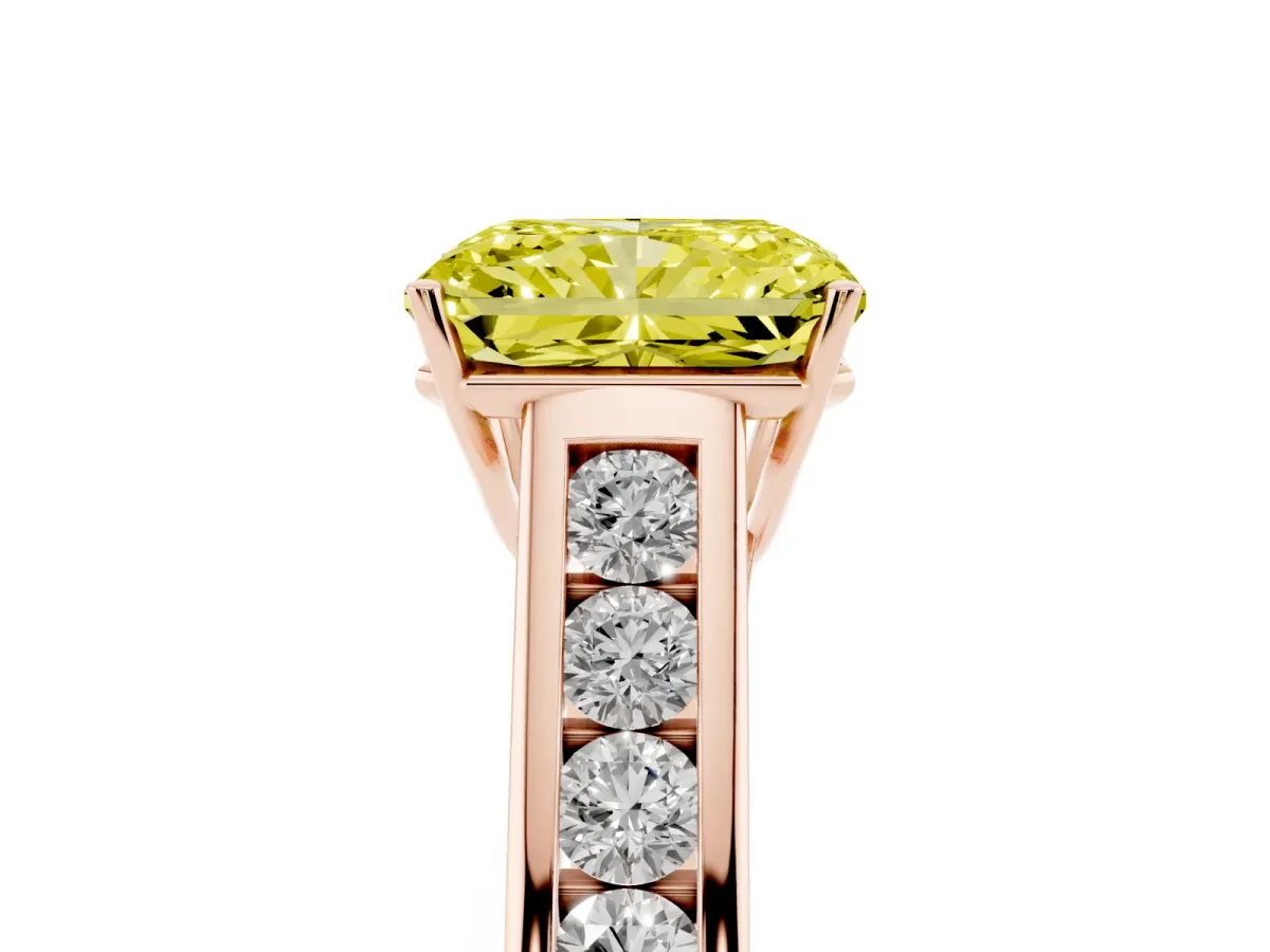Fancy Yellow Radiant Cut Solitaire Channel-Set Diamond Engagement Ring with Four-Prong Setting Rose gold