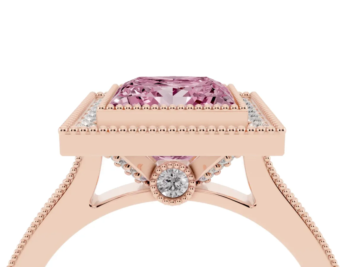Fancy Pink Halo Princess Cut-Cut Diamond Pave Band Milgrain Prong Setting Ring Rose gold