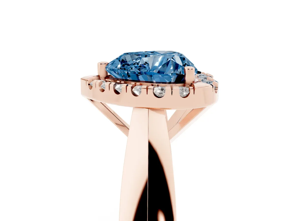 Fancy Blue Heart Cut Cut Halo Solitaire Engagement Ring with Square Band and Four-Prong Setting Rose gold