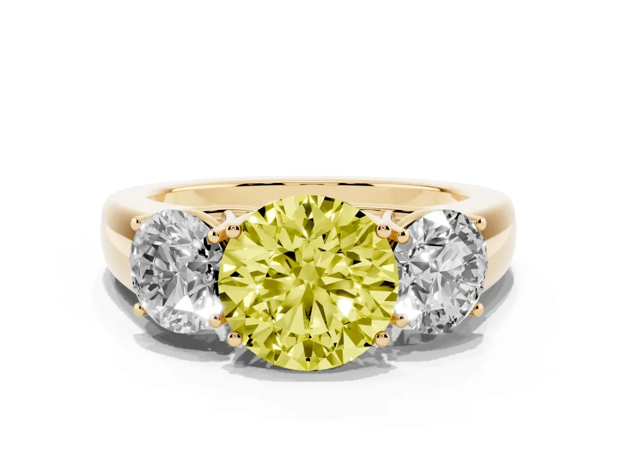 Fancy Yellow Three-Stone Round Cut Cut Diamond Ring with Prong Setting and Classic Band Yellow gold