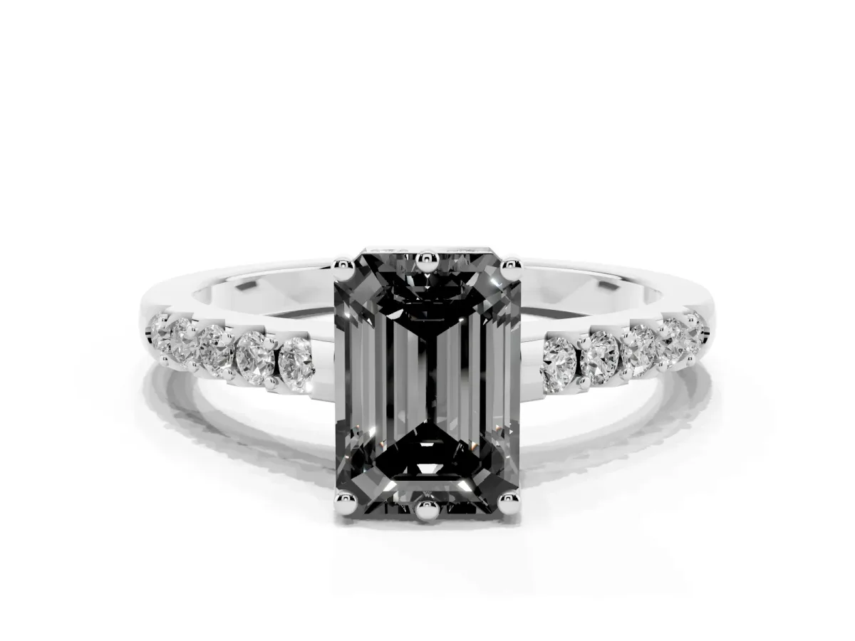 Fancy Black Emerald Cut Solitaire Diamond Engagement Ring with Pavé Band and Six-Prong Setting Platinum