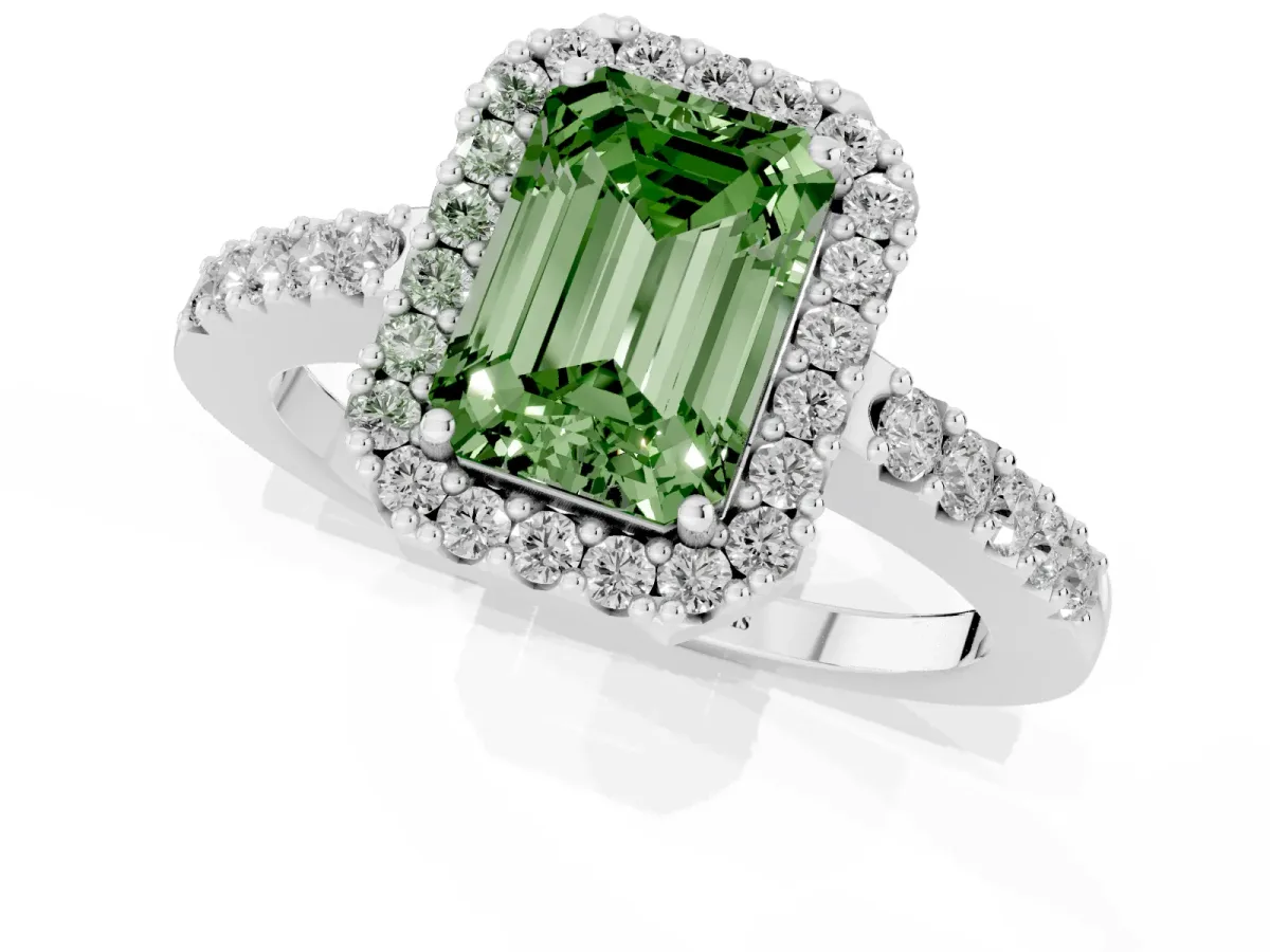 Fancy Green Emerald Cut Halo Diamond Pavé Solitaire Ring Silver