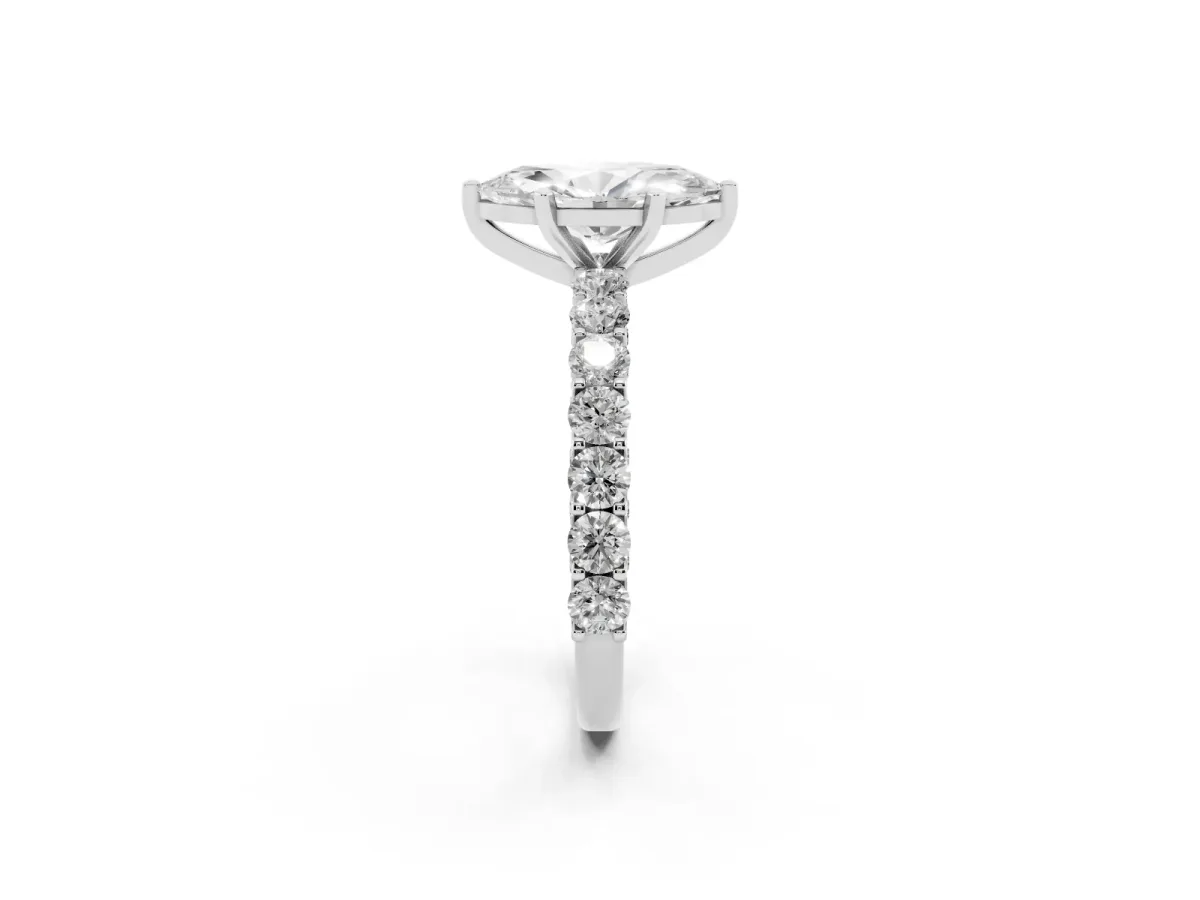 Marquise Cut Diamond Solitaire Ring with Shared Prong Pavé Band and Four-Prong Setting Platinum