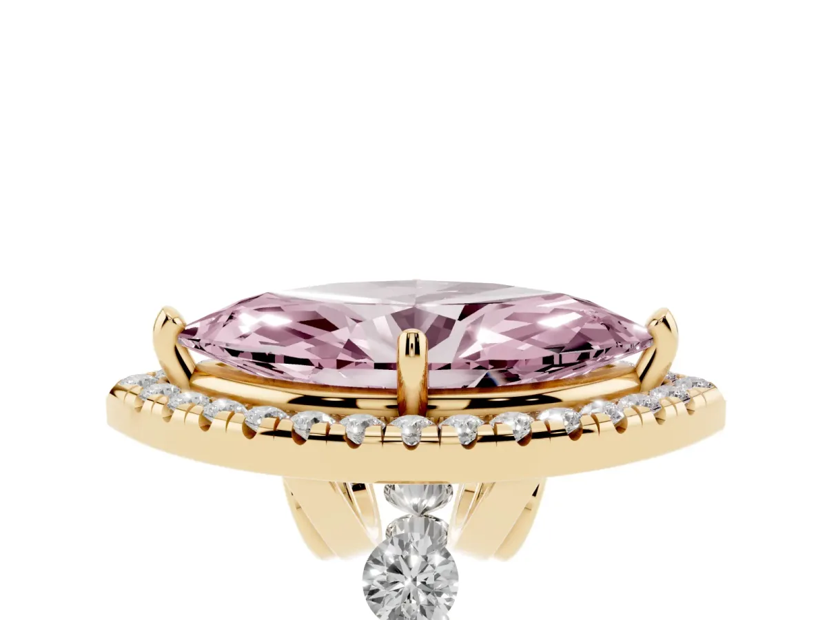 Fancy Pink Marquise Cut Halo Pavé Diamond Engagement Ring with Four-Prong Setting Yellow gold