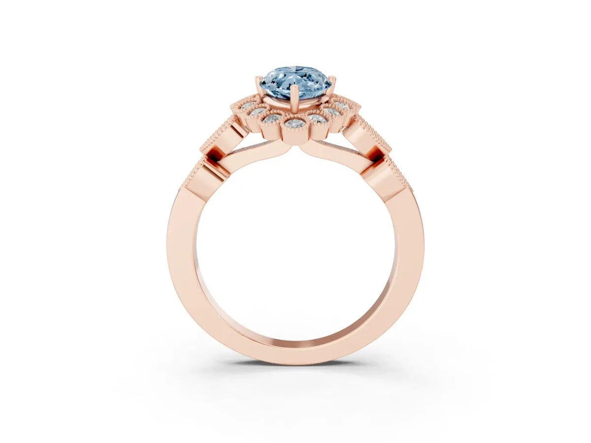 Fancy Blue Marquise Cut Brilliant Milgrain Pave Heart Band Solitaire Ring Rose gold