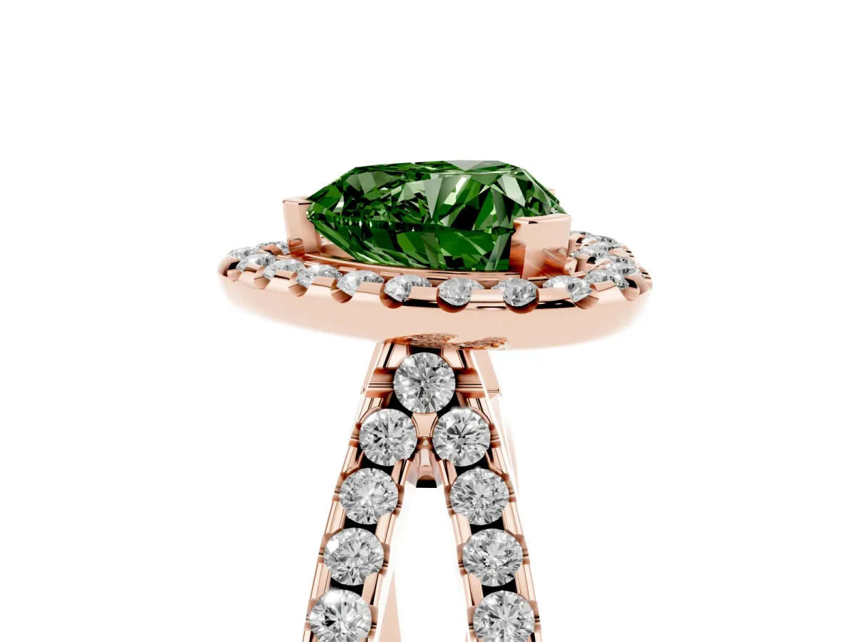 Fancy Green Heart Cut Diamond Halo Ring with Split Shank Pavé Band and Prong Setting Rose gold
